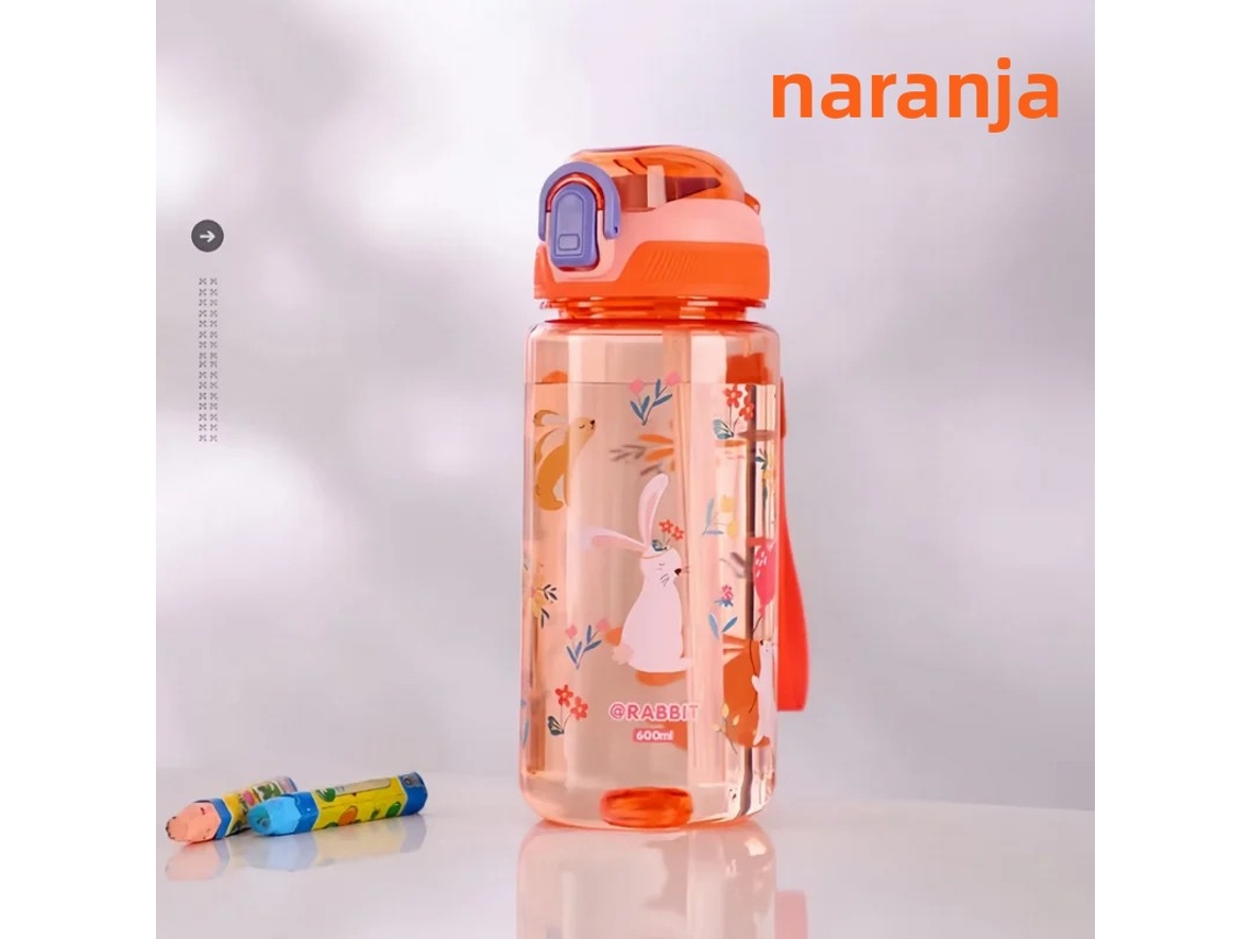 (laranja) Garrafa De Água Infantil De 600ml Com Alça De Silicone E Tampa Anti-contato Acidental, Estampa De Dinossauro.