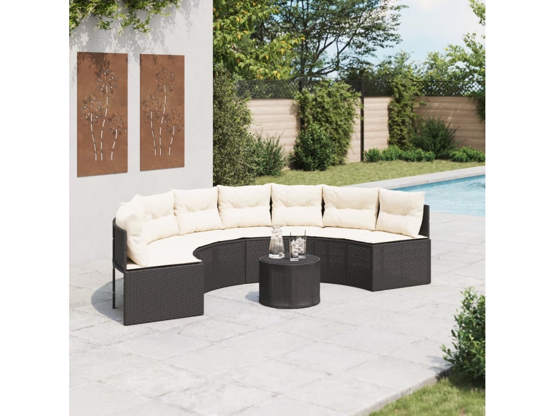 Sofá De Jardim Com Mesa E Almofadões Semicircular Vime Pe Preto Dkd Home Decor