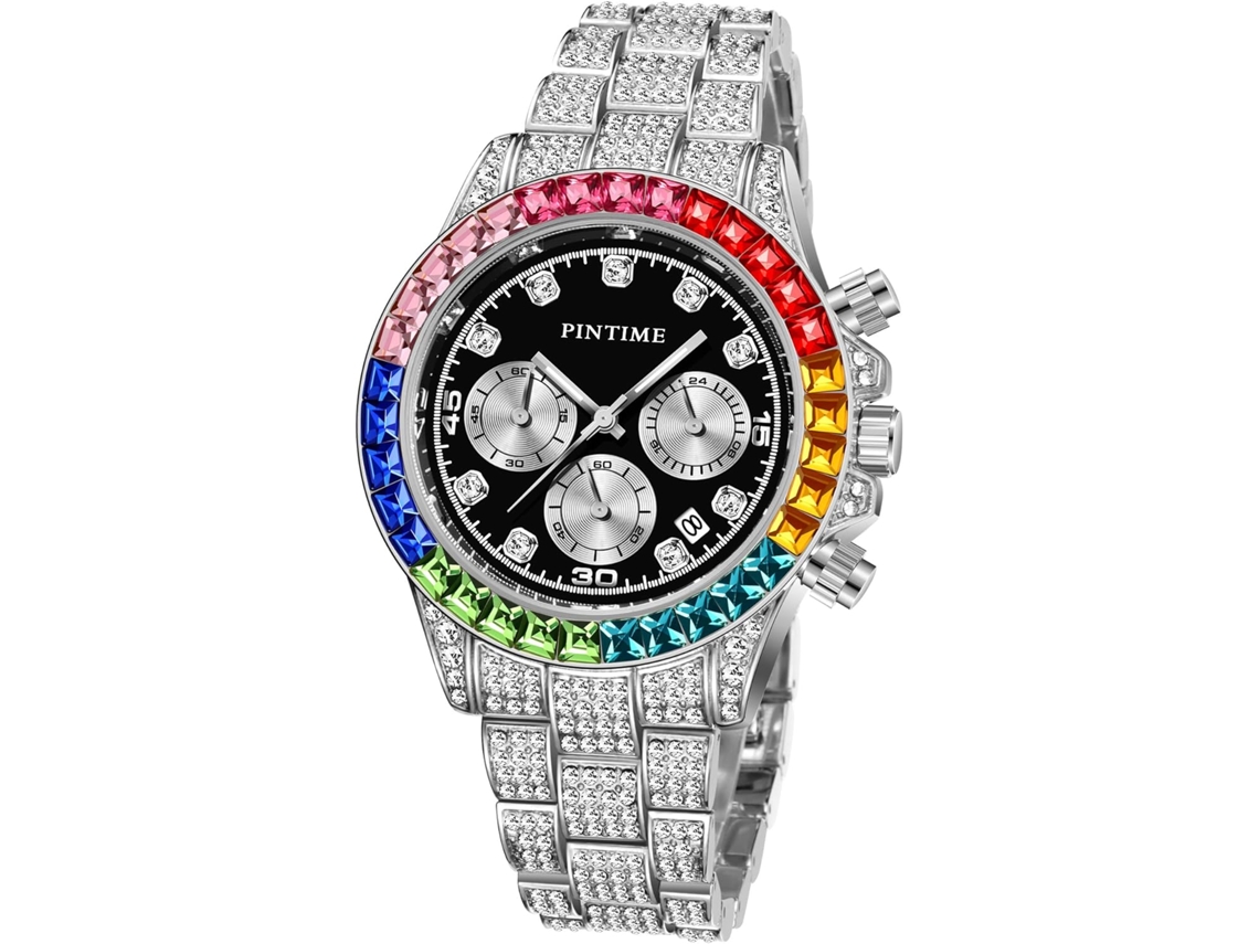 Gusshious Wofull Relógio De Diamante E Pulseira De Aço Inoxidável Com Mostrador Colorido Preto