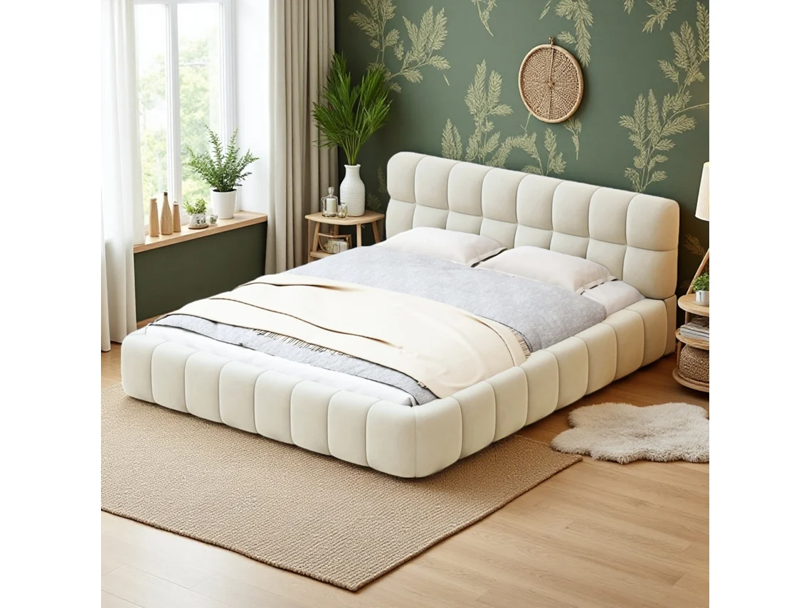 Cama Casal 140x190cm, Camas De Casal De Linho Cinza Com Cabeceira De 8 Quadrados E Design Ondulado, 250kg, Estilo Moderno E Elegante