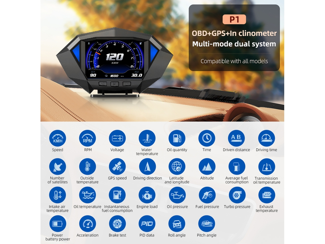 Smart Car Inclinometer Gps Speed Obd Voltage Water Temp Alarm Display