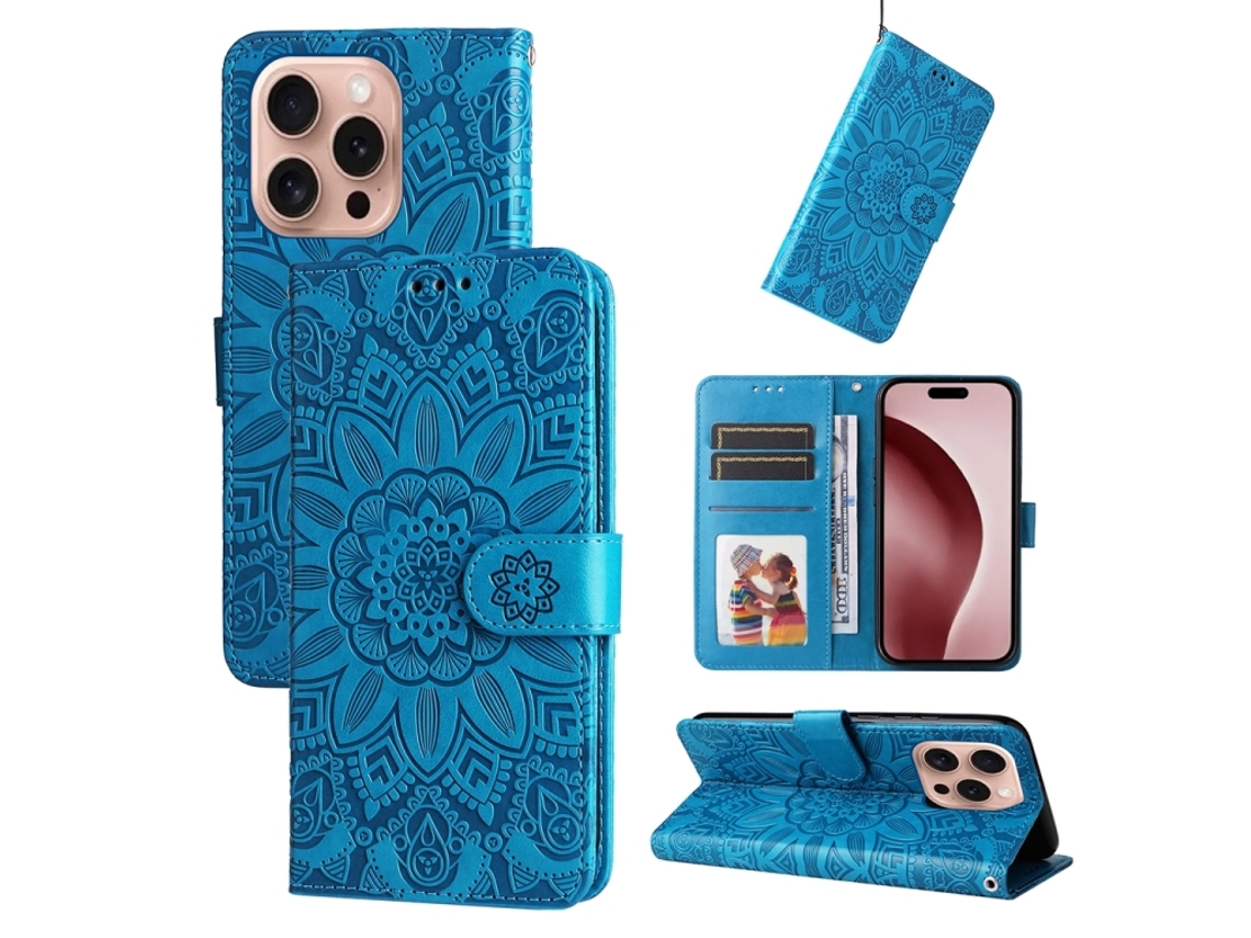 Capa De Couro Para Iphone 16 Pro - Estampa De Girassol Em Relevo
