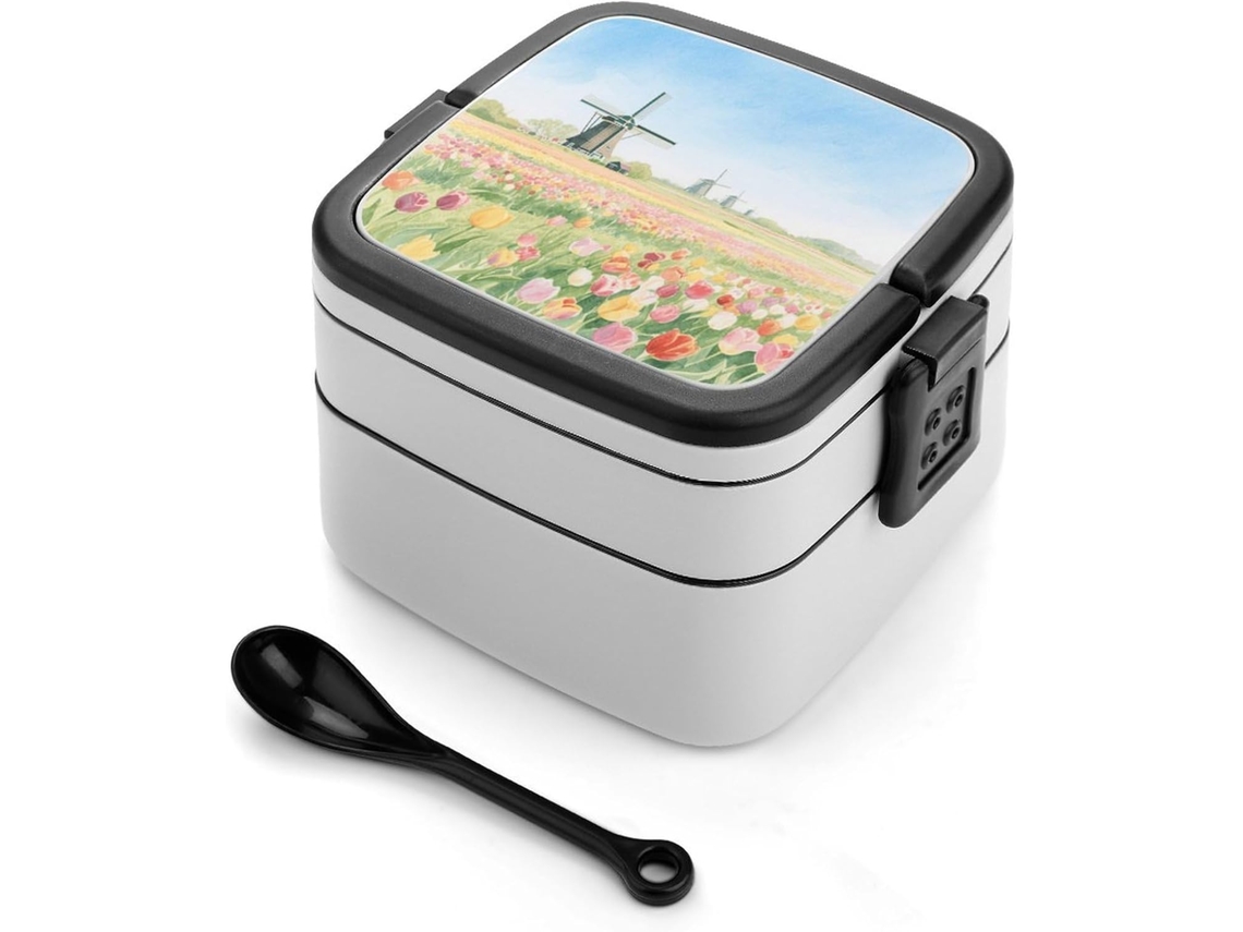 Marmita Bento Tulip Sea Windmill De Camada Dupla Para Adultos Com Colher E Alça, À Prova De Vazamentos, Marmita