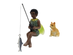 Estatua de Jardim Menino Pescador com Gato Resina S/MARCA