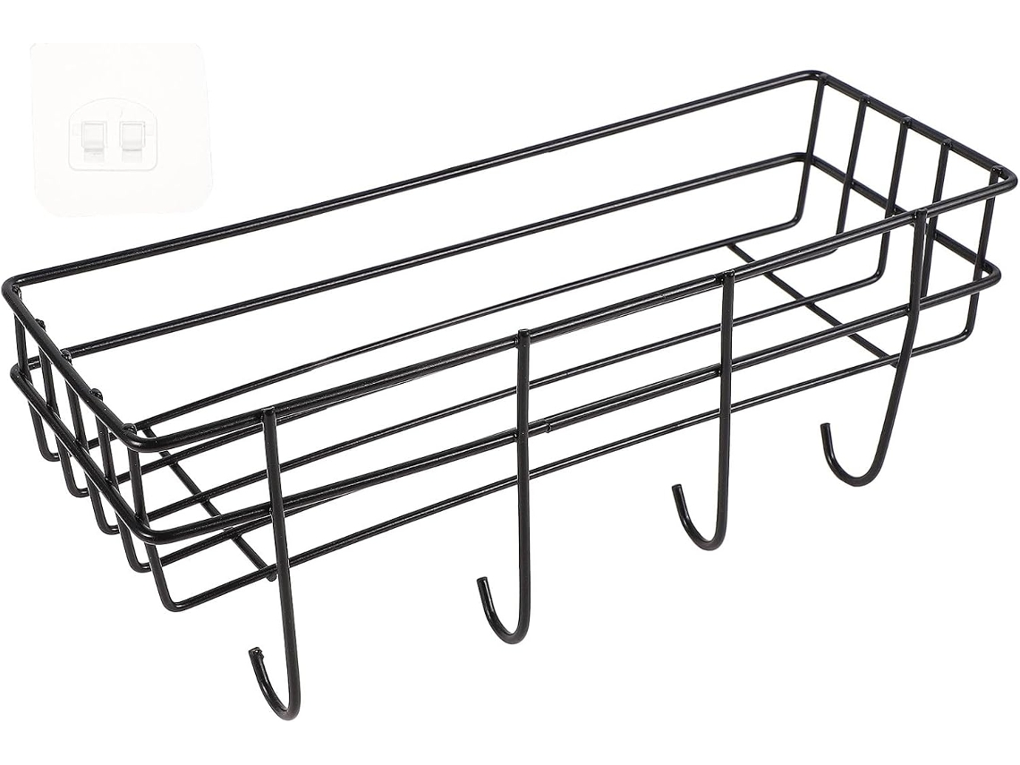 Suporte De Parede Para Artigos Higiene Pessoal, Em Ferro Forjado Com Pintura Preta, Com Ganchos, Sem Necessidade De