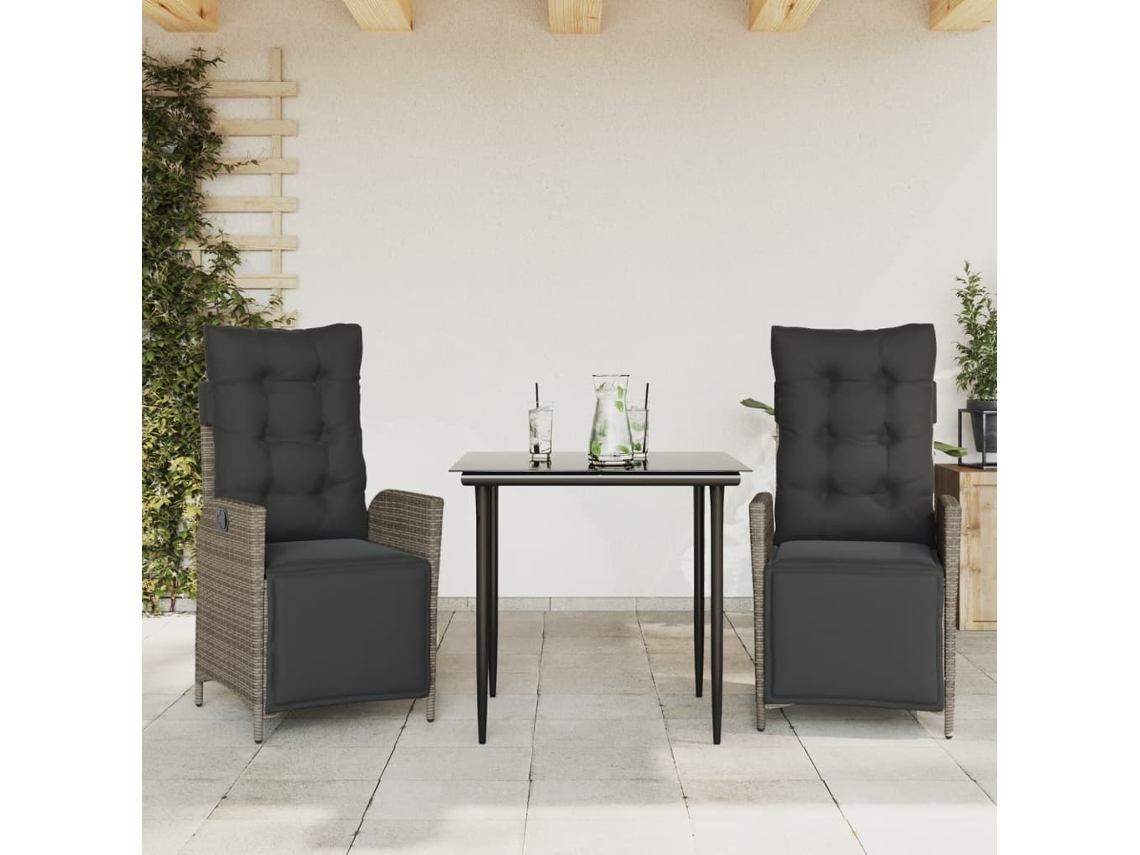 Vidaxl 3 Pcs Conjunto de Jantar P/ Jardim C/ Almofadões Vime Pe Cinza