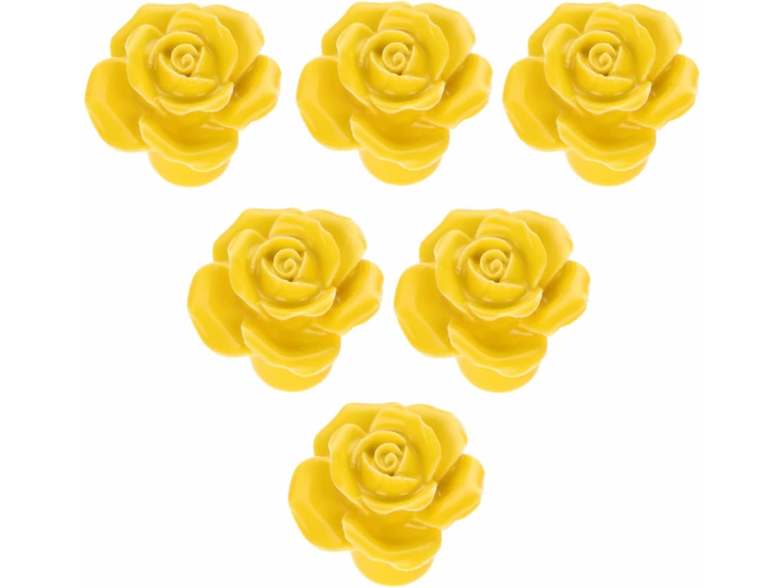 Conjunto De 6 Puxadores Porta Cerâmica Com Furo Único, Elegantes Puxadores Em Formato De Rosa Amarela Para Armários E