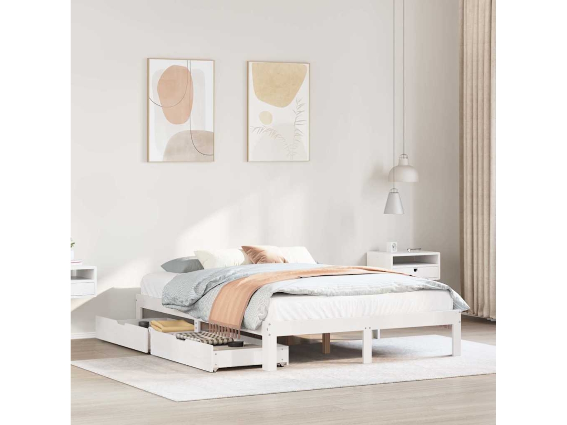 Vidaxl Estrutura De Cama Com Gavetas 140x190 Cm Pinho Maciço Branco