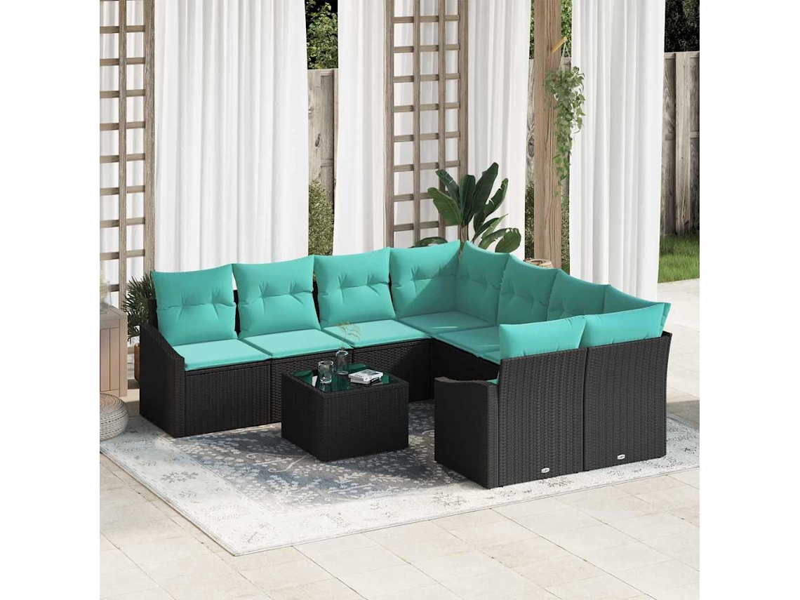 Vidaxl Conjunto De Sofás Com Almofada 9 Pcs Preto E Turquesa Vime Pe