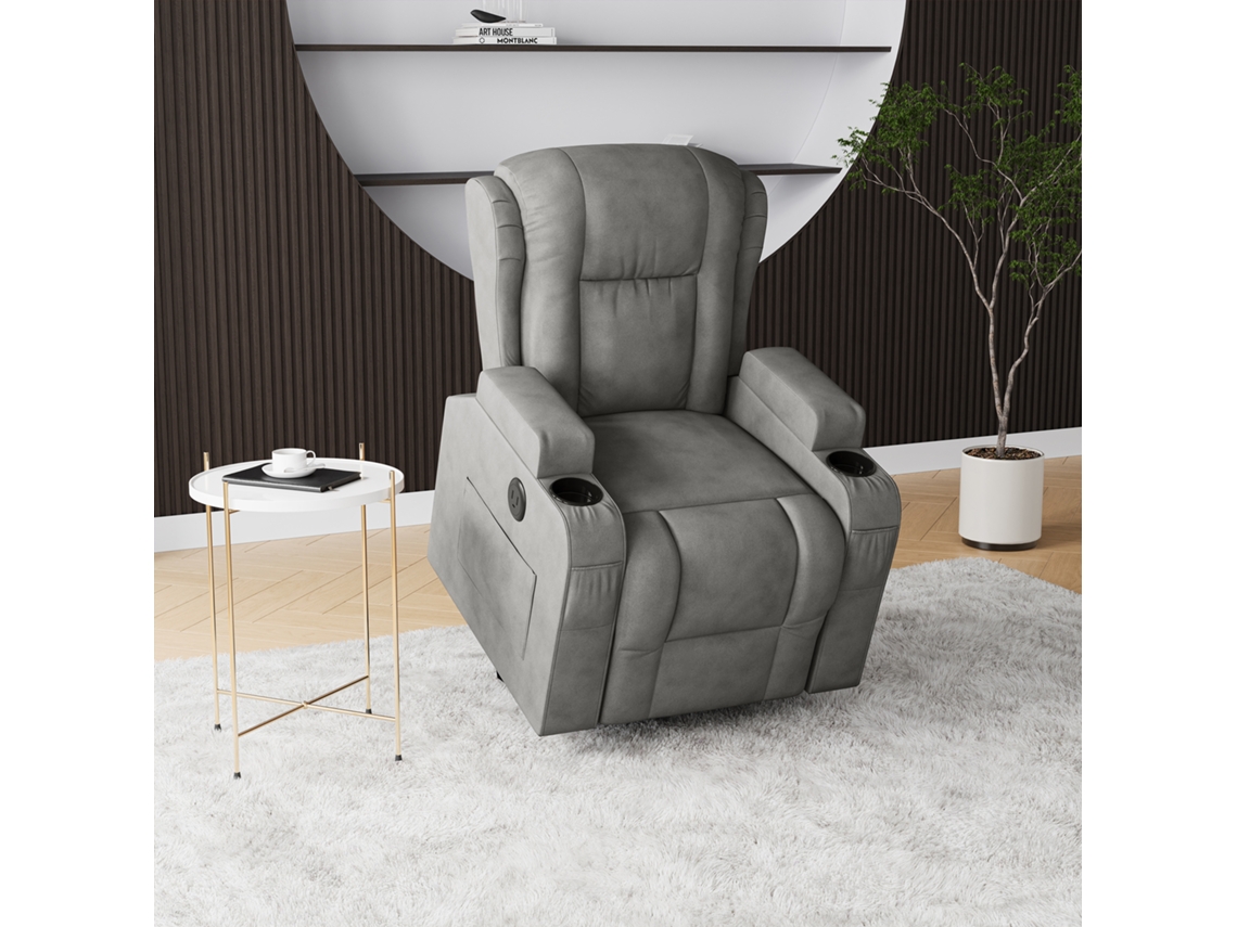 Cadeira de Massagem Elétrica SIMURQ Tecido Cinza Acolchoado 93x102x105cm Power Lift 8 Pontos com Aquecimento Usb Suporte Copos Sala Estar