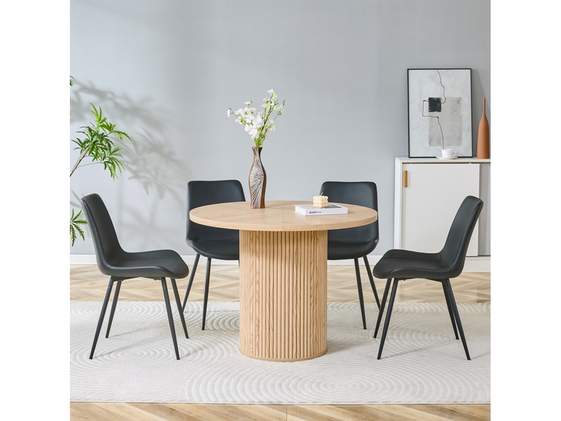 Conjunto Mesa Redonda Mdf 100cm Madeira Clara + 4 Cadeiras Pu Couro Preto. Elegante E Funcional. Ge