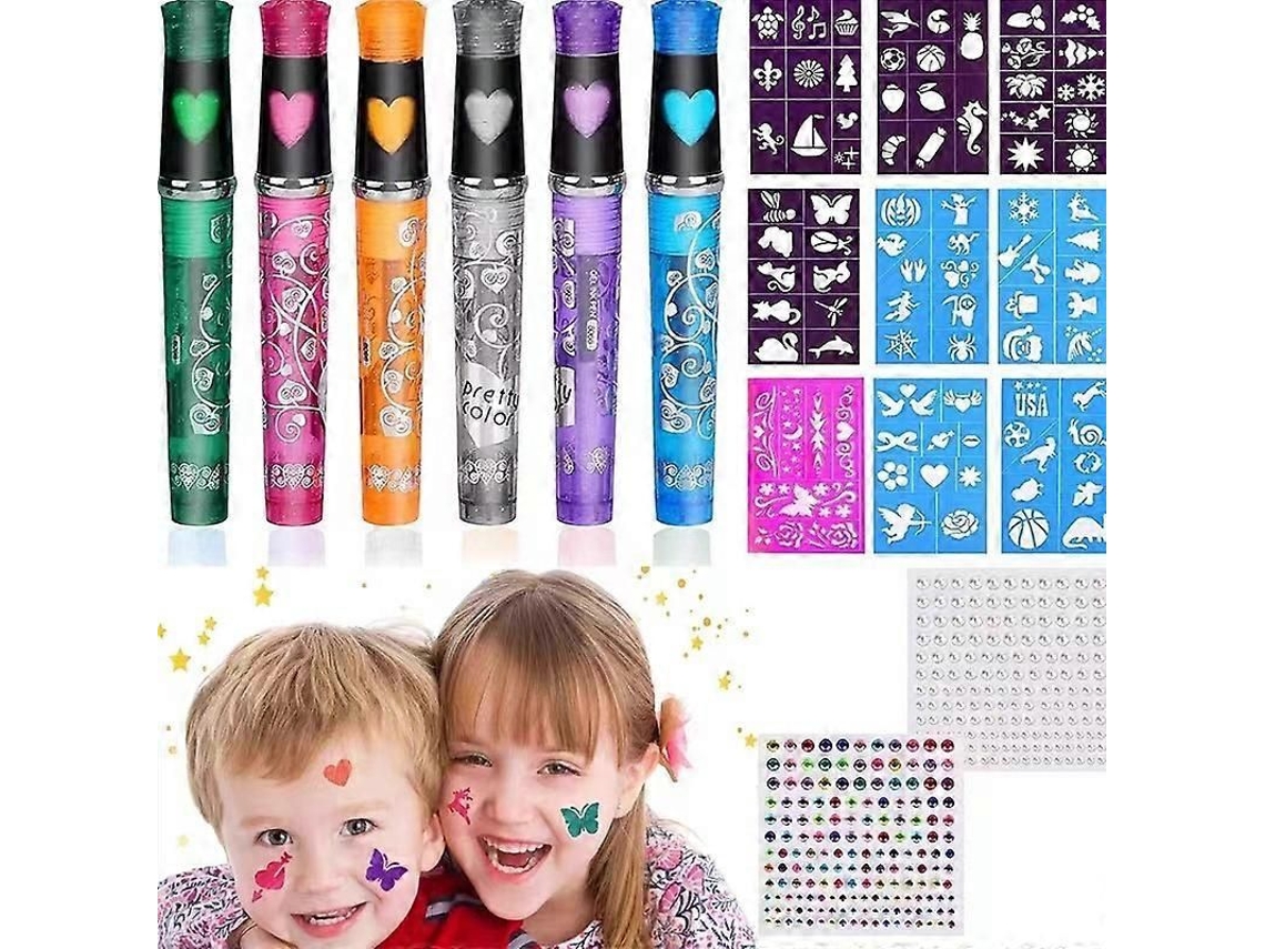 Caneta de Tatuagem Temporária com 6 Cores Glitter, Tatuagens Luminosas e Estênceis para Festas e Eventos