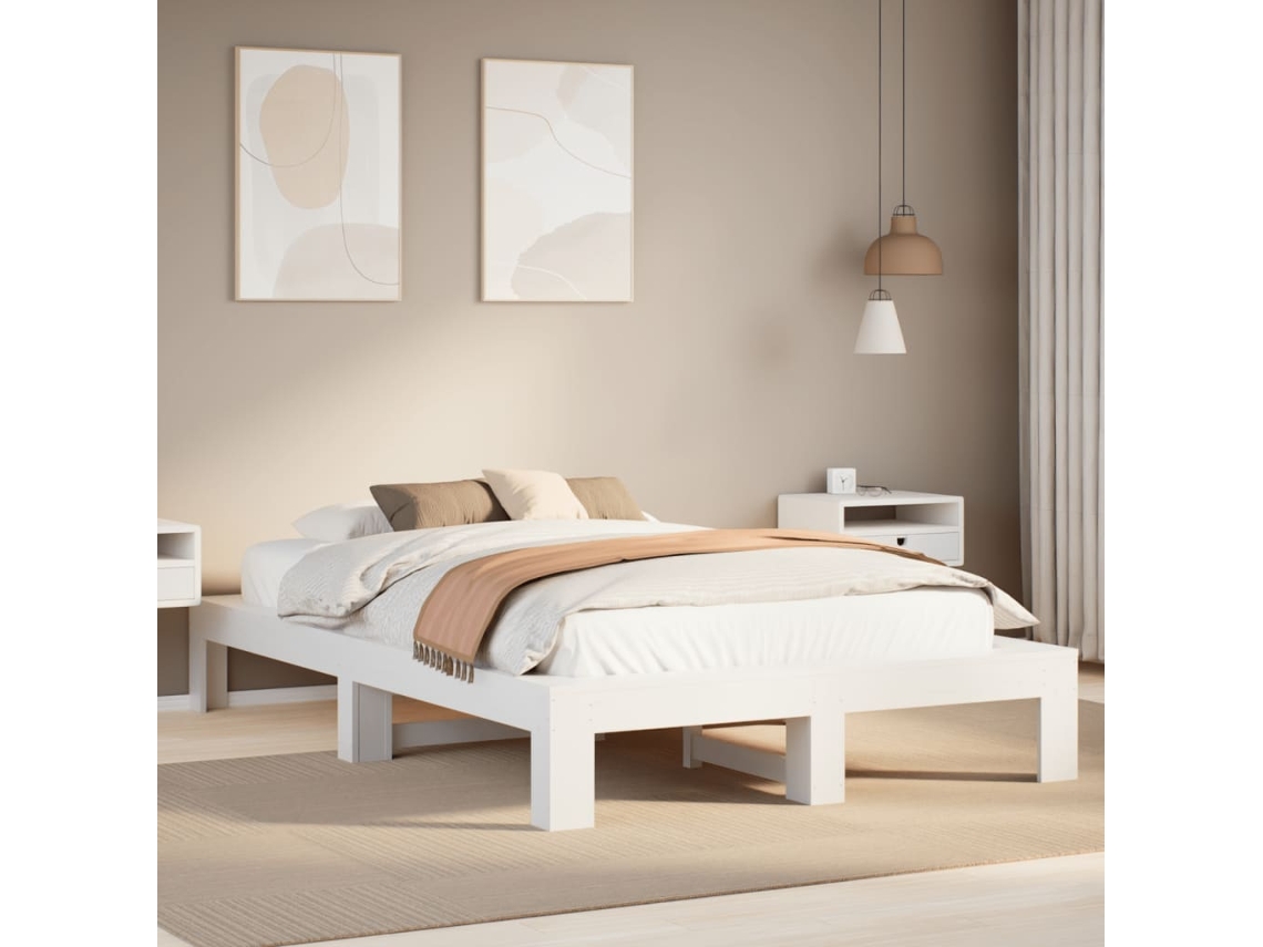 Vidaxl Cama Sem Colchão 135x190 Cm Madeira De Pinho Maciça Branco