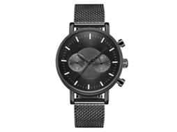Relógio de pulso masculino ultrafino, à prova d'água, com pulseira de malha e mecanismo de quartzo, preto.