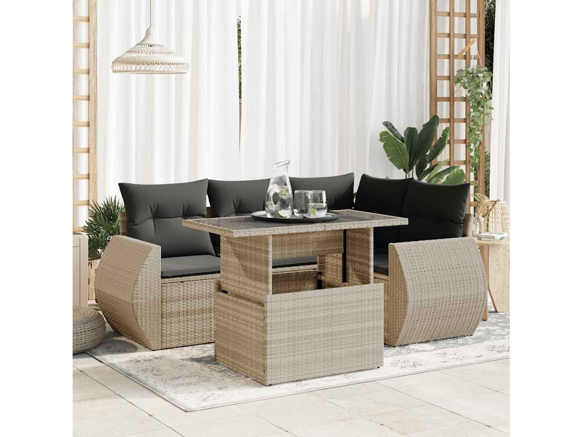 Vidaxl 5 Pcs Conj. Sofás Jardim C/ Almofadões Vime Pe Cinzento-claro