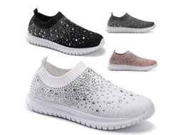 Tênis feminino de lona com strass, modelo slip-on, preto/branco/rosa, lançamento 2026.