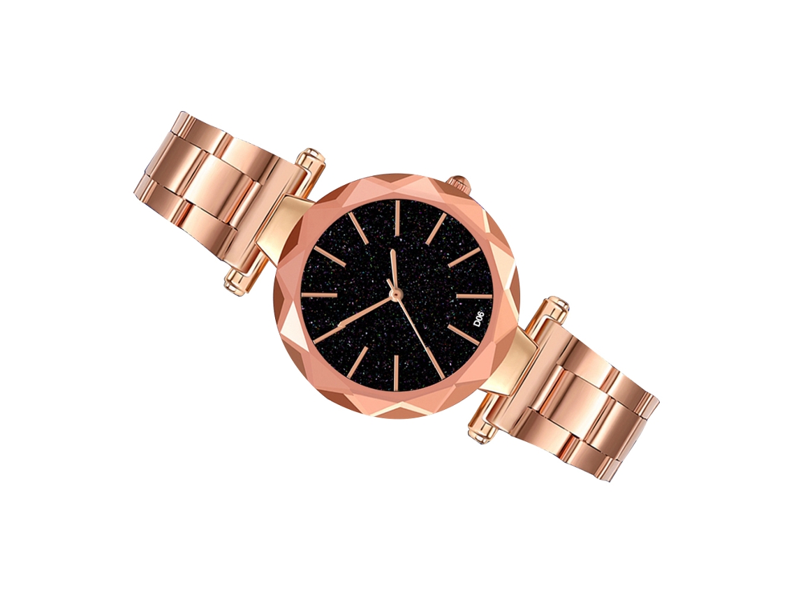 Relógio feminino de quartzo com mostrador estrelado e pulseira de aço, elegante e casual, cor ouro rosa.