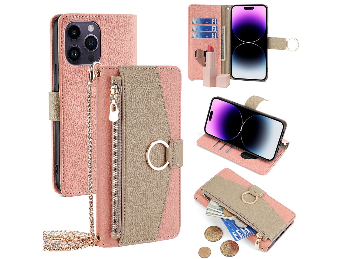 Capa Quedas Para Iphone 14 Pro Max Pele Sintética Com Porta-cartões Rosa