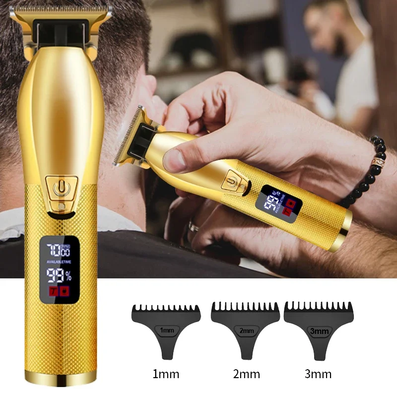 (dourado) Máquina De Cortar Cabelo, Barbear E Aparar Barba Profissional Para Homens Com Visor Led.