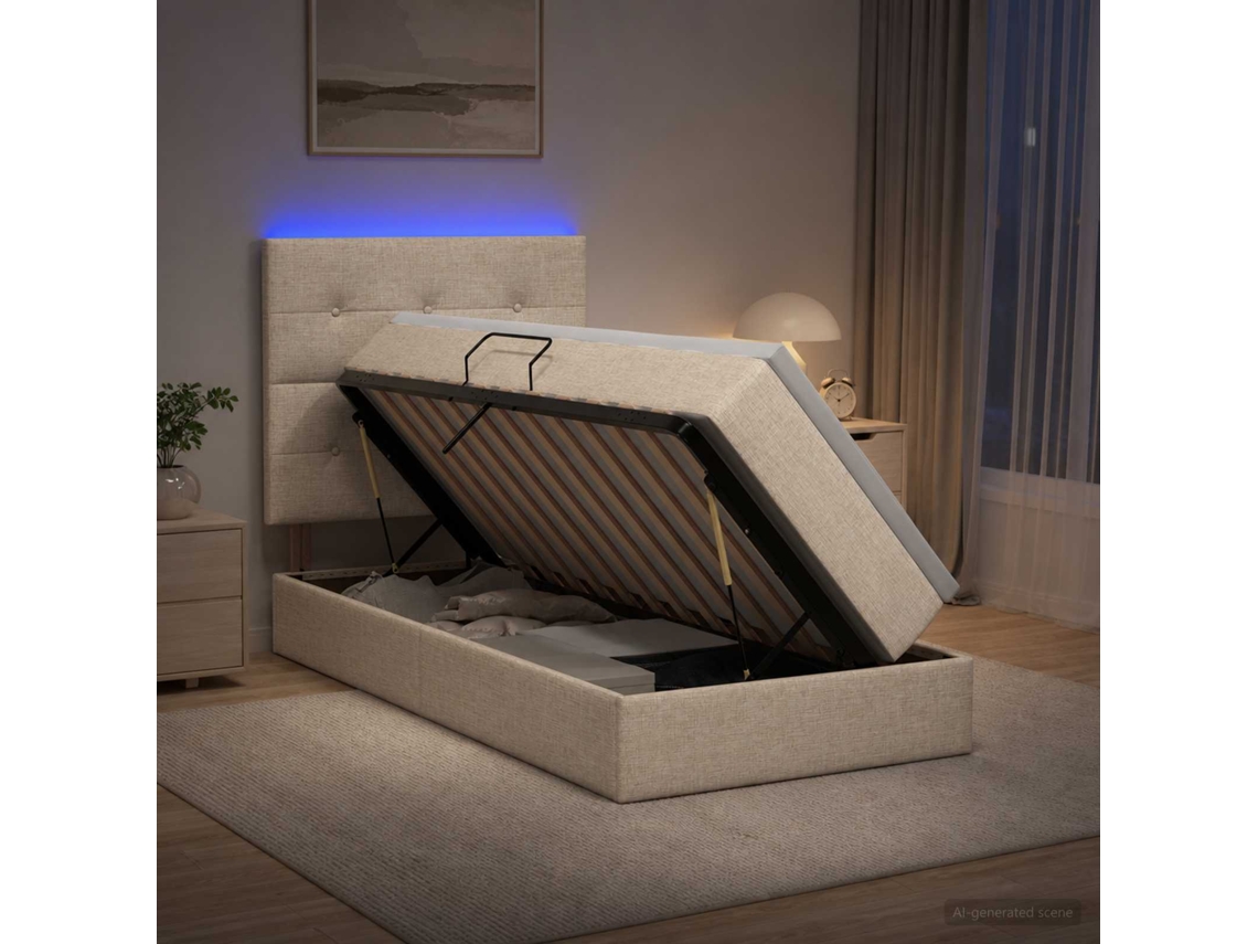 Vidaxl Cama De Armazenamento Led Com Colchão Creme 90 X 200 Cm Tecido