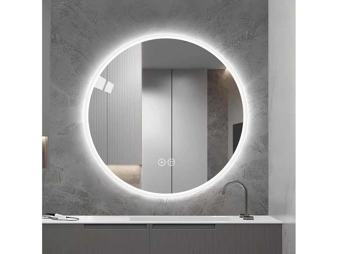 Espelho Banheiro Redondo Led 80cm, Parede, Antiembaça, 3 Cores Reguláveis, Maquiagem pt