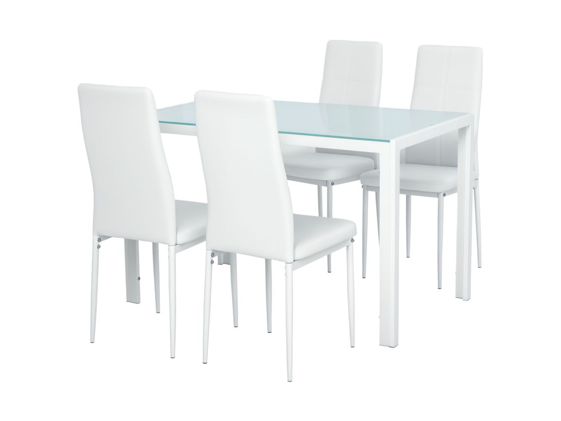 Conjunto De 5 Peças Com 1 Mesa E 4 Cadeiras Para Cozinha Ou Sala De Jantar Em Couro Sintético, Metal E Vidro Temperado, Branco.