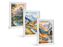 Conjunto De Pinturas Paisagem De Montanha Com Rio Moldura Branca Imagens Para Um Quarto Infantil Espelharte (3 Piezas De 40x60 Cm)