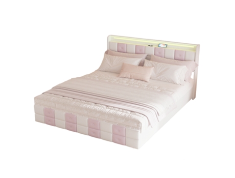 Cama De Casal Estofada 140x190 Cm Com Estrado De Ripas, 4 Gavetas, Cabeceira Com Compartimento De Arrumação, Led E Posto De Carregamento Mexus