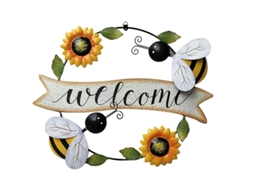 Plaque De Bienvenida De Metal Con Girasoles Y Abejas, Decoración Para Puerta O Interior