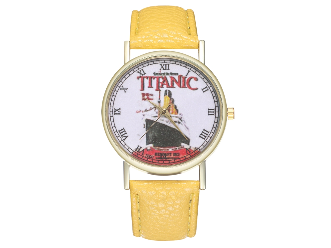 Relógio de pulso analógico Zhoulianfa Titanic amarelo quartzo para mulheres e homens, mostrador redondo