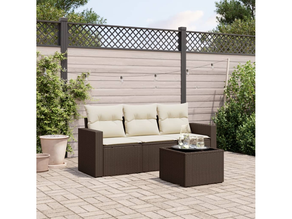 Vidaxl 4 Pcs Conjunto Sofás De Jardim C/ Almofadões Vime Pe Castanho