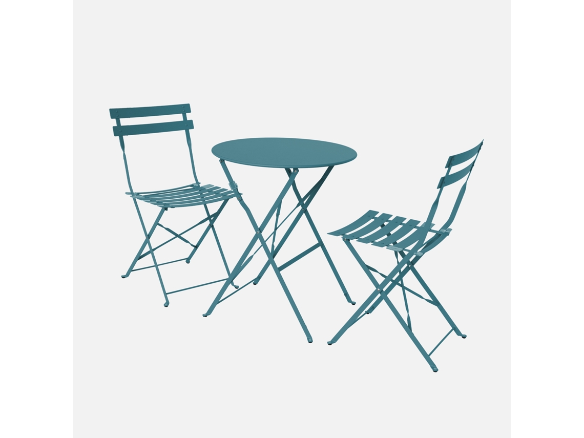 Conjunto De Jardim Com Mesa Bistrô Dobrável Em Aço Com 2 Cadeiras, Ø60cm, Azul Esverdeado
