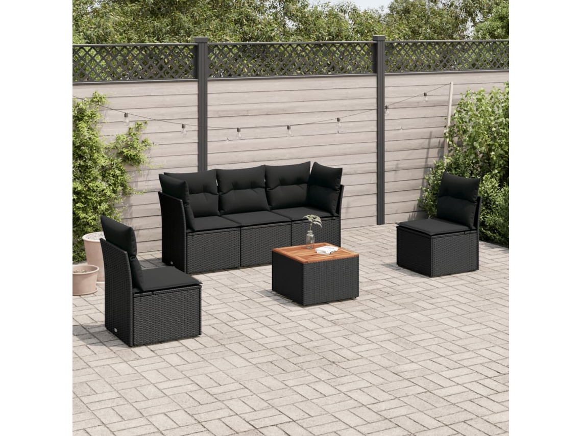 6 Pcs Conjunto Sofás De Jardim C/ Almofadões Vime Pe Preto Dkd Home Decor
