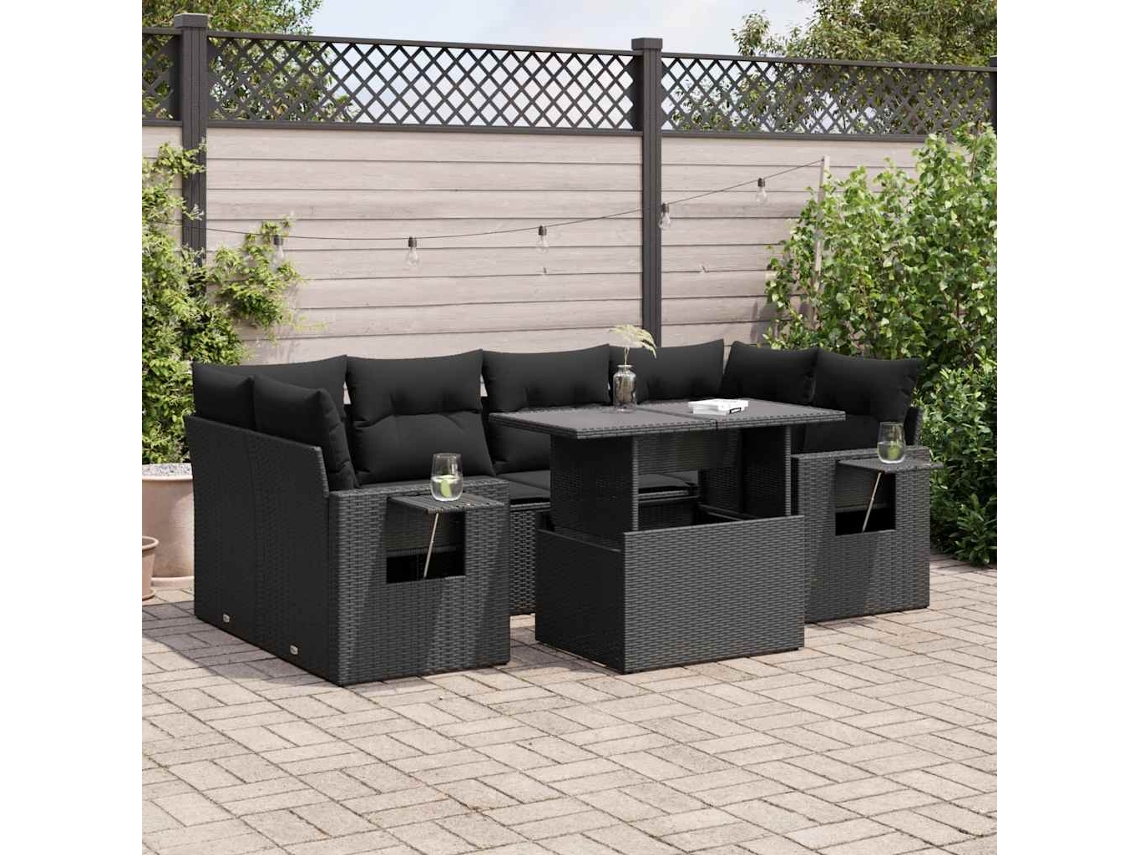 Vidaxl 7 Pcs Conjunto De Sofás P/ Jardim C/ Almofadões Vime Pe Preto