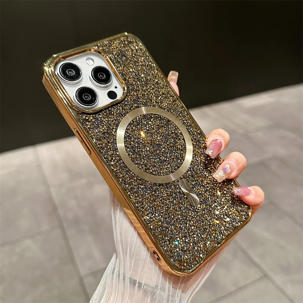 (dourado, Iphone 14 Pro) Capa Magnética De Luxo Com Brilho De Diamante, Compatível Com Carregamento Sem Fio Magsafe