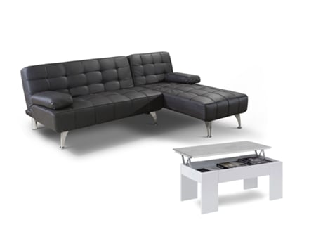 Oferta: Sofá-Cama Chaise Longue Xs Preto em Couro Sintético Mesa de Centro Branco e Cimento SALDOSYSTOCKS (198 x 75 x 146 cm)