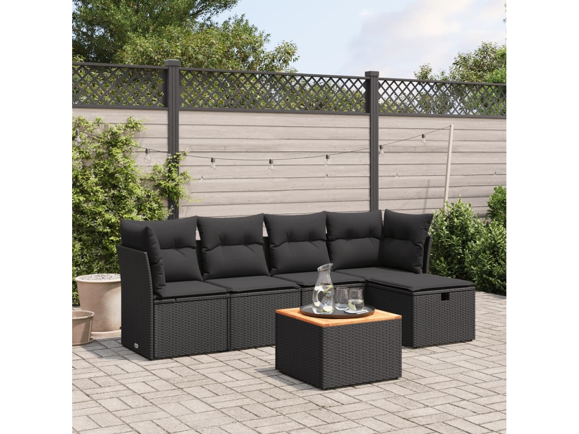 6 Pcs Conjunto Sofás De Jardim C/ Almofadões Vime Pe Preto Lovely Home