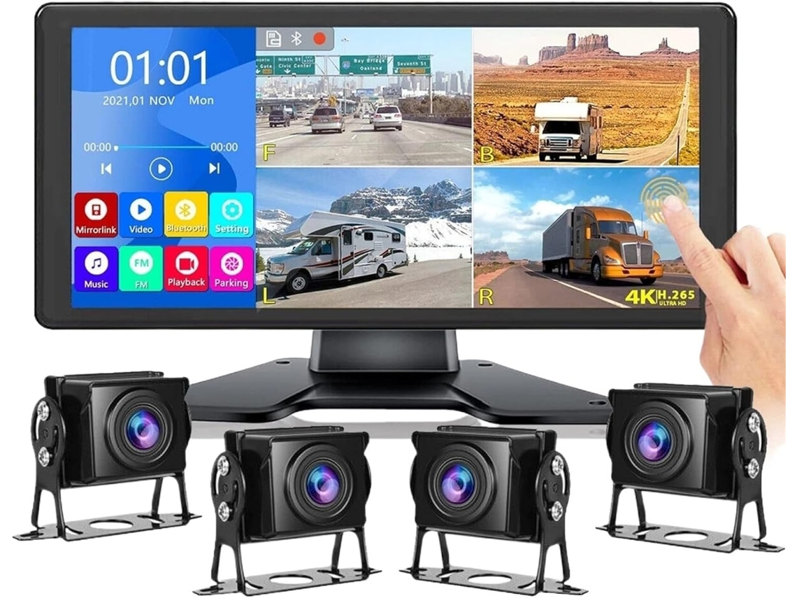 Monitor Dvr com Tela Sensível Ao Toque de 10,36 Polegadas, Bluetooth e 4 Pinos para Câmera de Ré. SFUSHOS