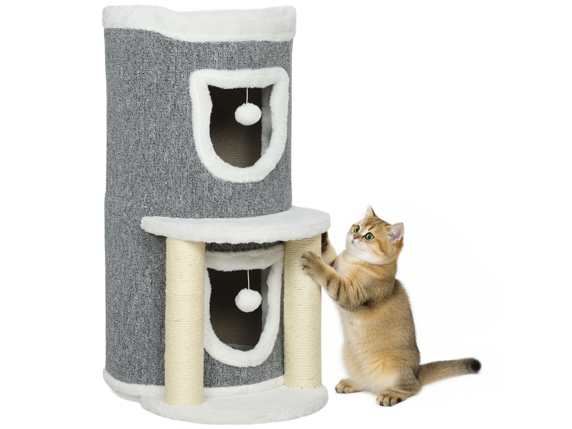 Árvore de arranhar para gatos, 76 cm, com 2 canteiros, cavernas, pinos de sisal e bolas de carpete cinza S/MARCA