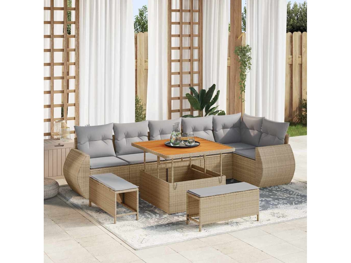 Vidaxl Conjunto De Sofá De Jardim 9 Unid. Bege Vime Pe