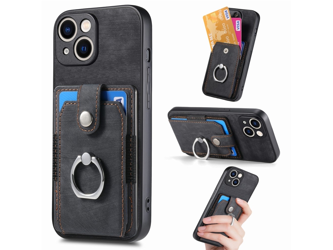Suporte Casa Para Iphone 15 Plus Pele Sintética Com Porta-cartões Preto