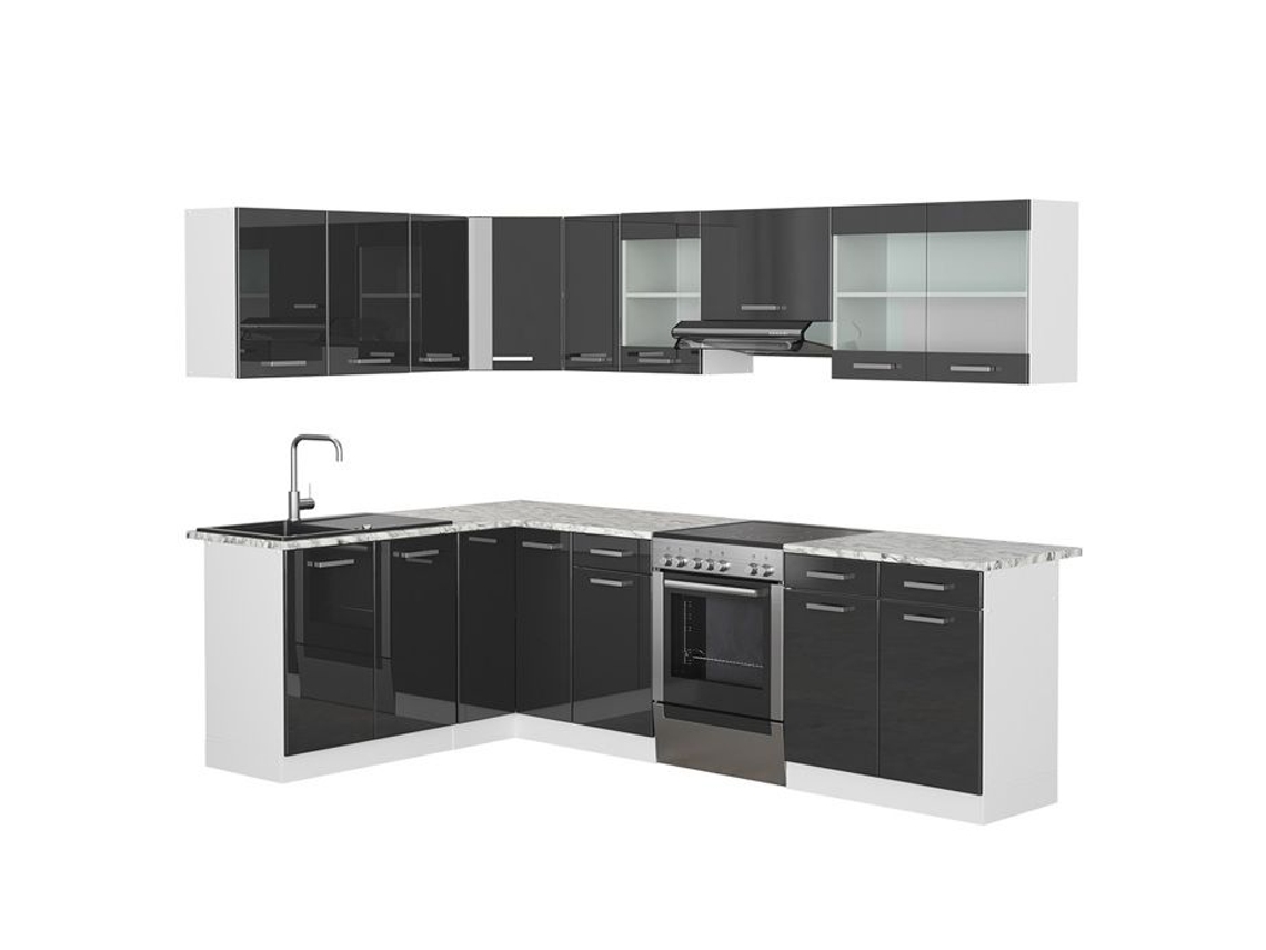 Cozinha de canto Rick, 167 x 60 cm, Mármore PT, Antracite alto brilho, Vicco