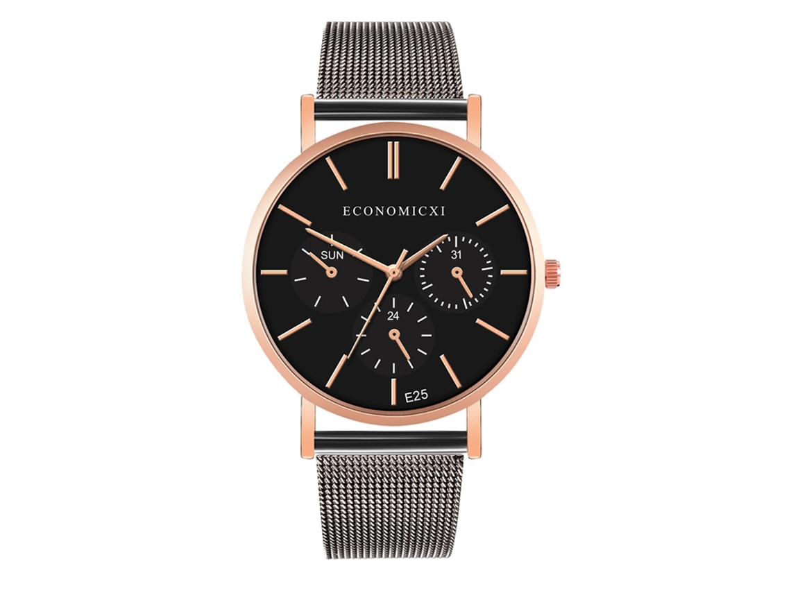 Relógio de pulso de quartzo com pulseira de malha, três mostradores, para homens e mulheres, preto e ouro rosa.
