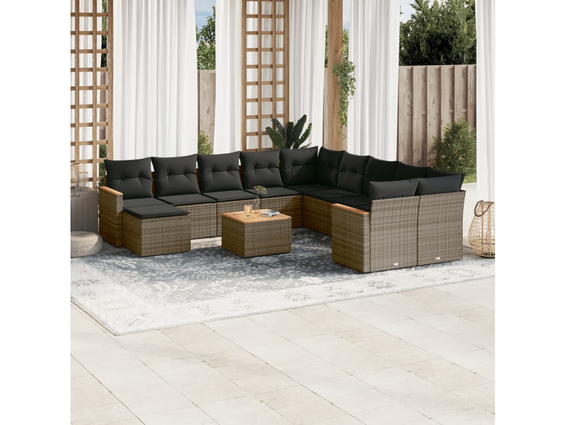 Vidaxl 12 Pcs Conjunto De Sofás Jardim C/ Almofadões Vime Pe Cinzento