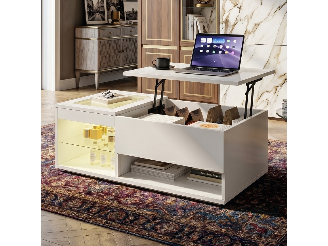 Mesa de Centro Elevatória com Iluminação Led Rgb e Tampo de Vidro, Acabamento Alto Brilho com Armazenamento Oculto 100x50x40cm LAZYSPACE