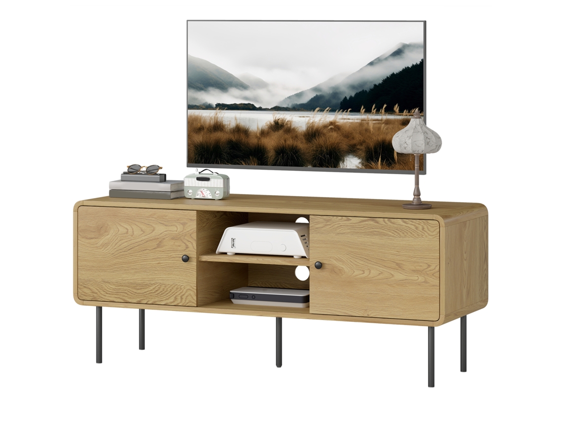 Suporte De Tv Até 55 Polegadas Com 2 Portas E Compartimentos Abertos, 120x40x50cm, Pernas De Aço Carvalho