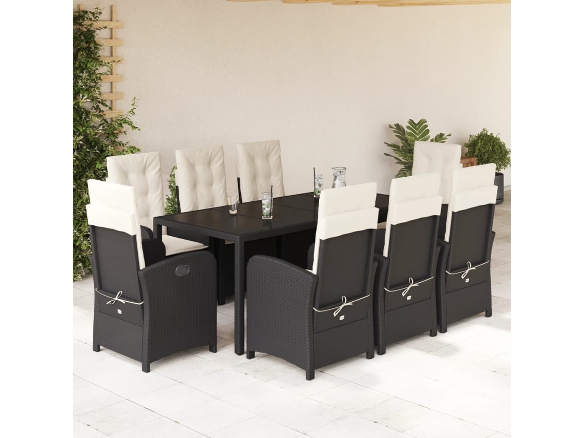Vidaxl 9 Pcs Conjunto De Jantar P/ Jardim C/ Almofadões Vime Pe Preto