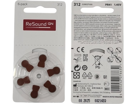 Baterias para Aparelhos Auditivos RESOUND P312 Adesivo Marrom