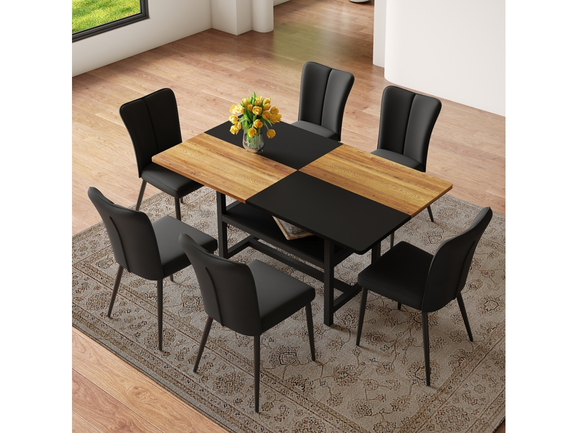 Mesa Jantar Retangular 160cm Com Armazenamento e 6 Cadeiras Pu Preto
