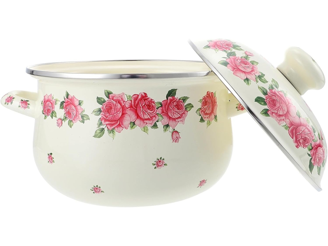 Pote De Sopa Esmaltado Floral Rosa Retrô 20cm Com Alças Duplas Resistente Ao Calor